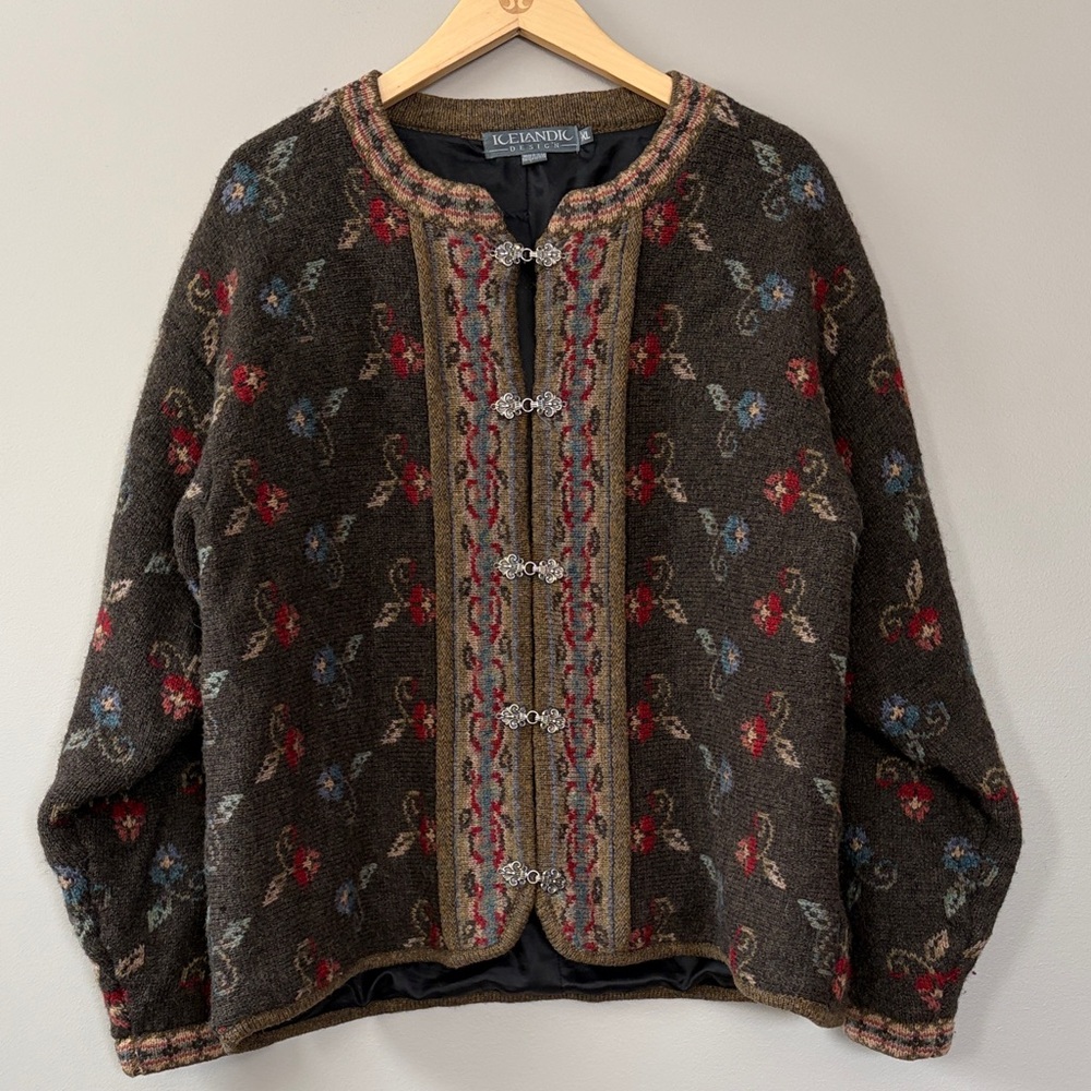 Vintage Icelandic Design Knit Wool Cardigan Jacket Size XL Floral Brown Tan